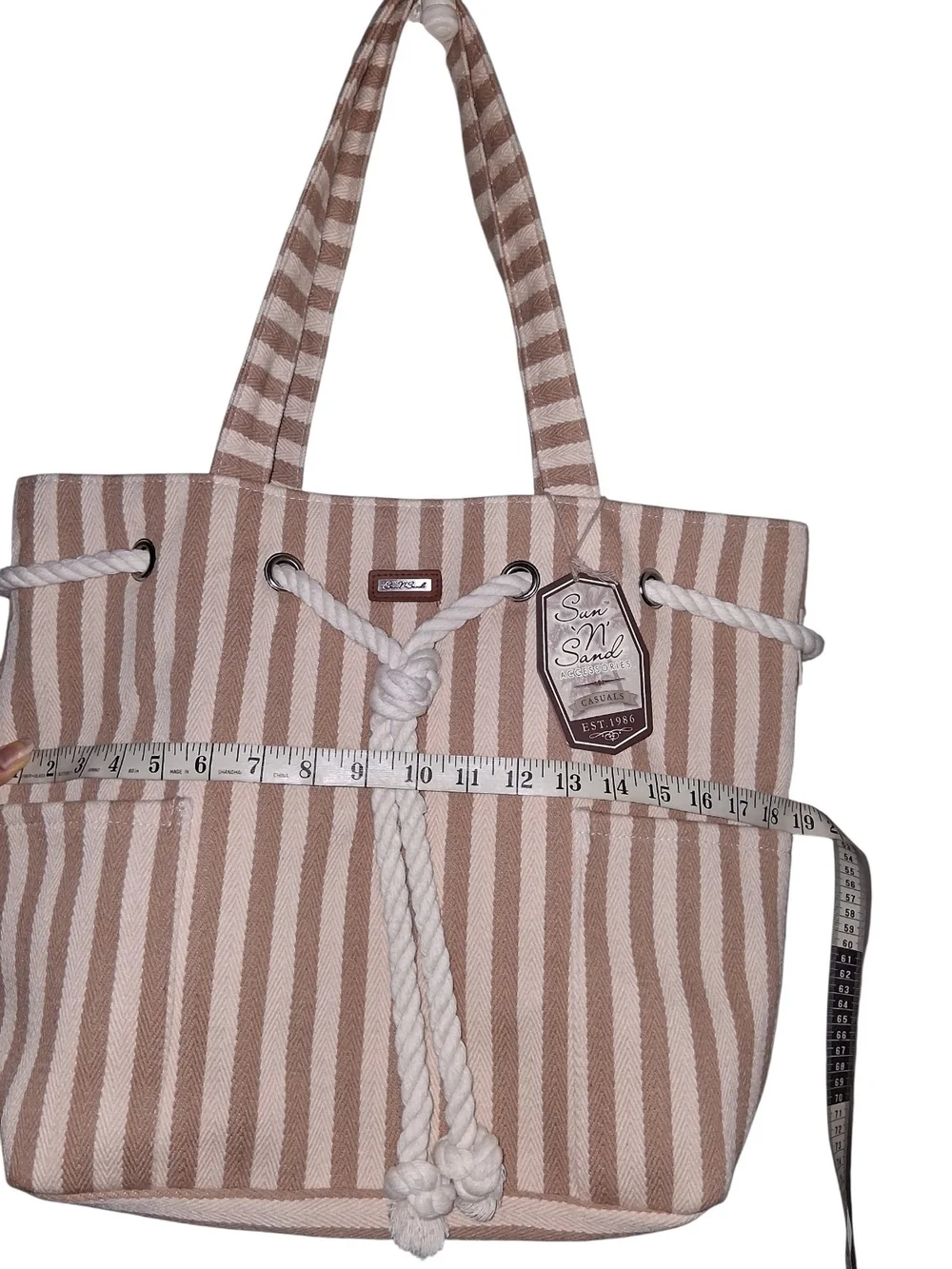 SUN and SAND Cream and Brown Stripe Tote Bag with Rope Closure Detail NWT
